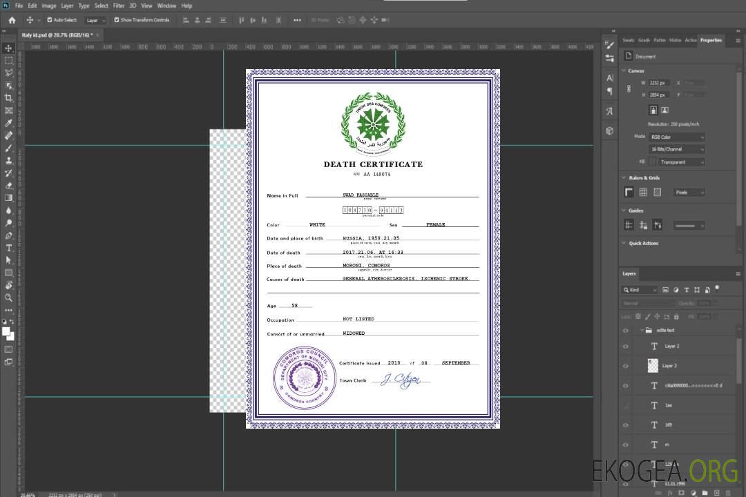Modèle PSD de certificat de décès des Comores template Modèle PSD de certificat de décès des Comores template